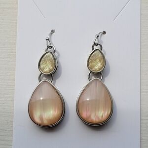 Blush Pink and Yellow Tear Drop Pear Dangle Iridescent Pierced Hook Earrings